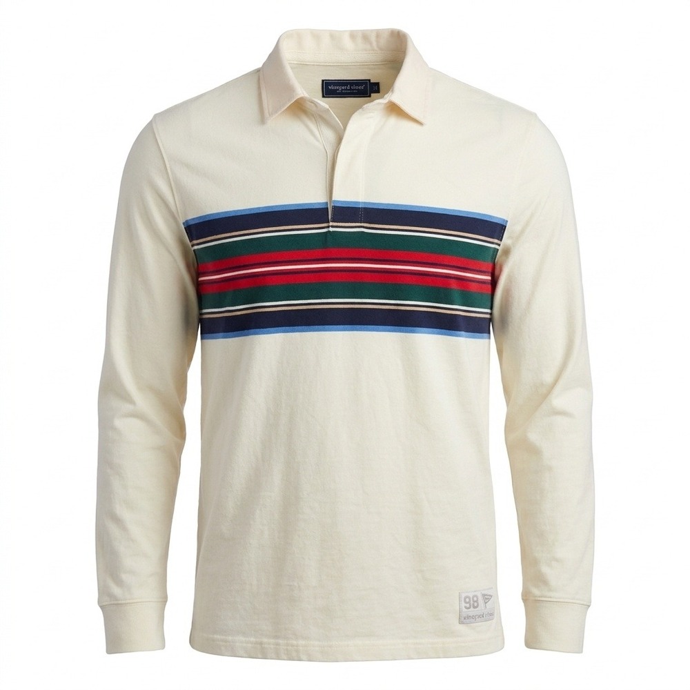 Vineyard Vines Mens Large Rugby Shirt Long Sleeve Striped Organic Cotton Cream